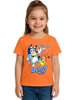 Sedirli Unisex Bluey Baskılı Çocuk Tişört Pamuklu Penye Kumaş