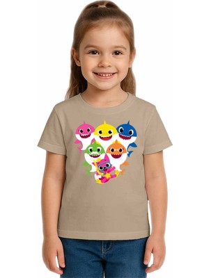 Sedirli Unisex Baby Shark Baskılı Çocuk Tişört Pamuklu Penye Kumaş