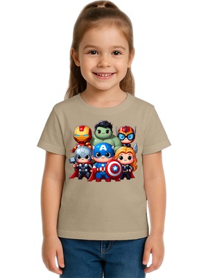 Sedirli Unisex Hulk Kaptan Amerika Demir Adam Baskılı Çocuk Tişört Pamuklu Penye Kumaş