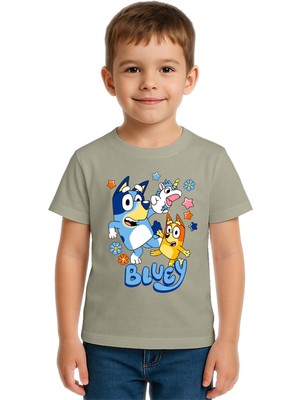 Sedirli Unisex Bluey Baskılı Çocuk Tişört Pamuklu Penye Kumaş