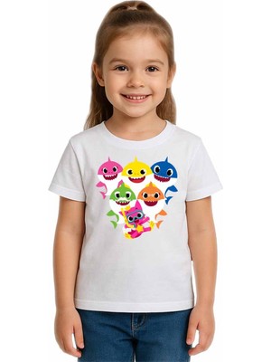 Sedirli Unisex Baby Shark Baskılı Çocuk Tişört Pamuklu Penye Kumaş
