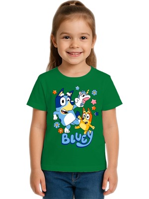 Sedirli Unisex Bluey Baskılı Çocuk Tişört Pamuklu Penye Kumaş