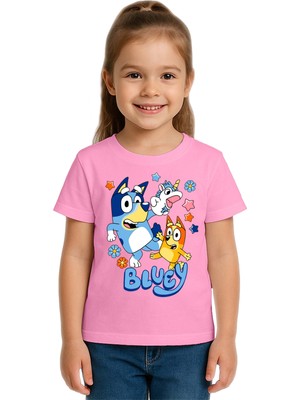 Sedirli Unisex Bluey Baskılı Çocuk Tişört Pamuklu Penye Kumaş