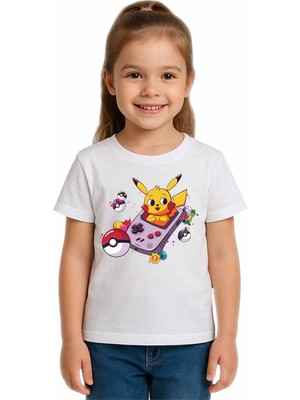 Sedirli Unisex Pikaçu Baskılı Çocuk Tişört Pamuklu Penye Kumaş