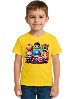 Sedirli Unisex Hulk Kaptan Amerika Demir Adam Baskılı Çocuk Tişört Pamuklu Penye Kumaş