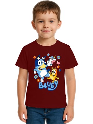 Sedirli Unisex Bluey Baskılı Çocuk Tişört Pamuklu Penye Kumaş
