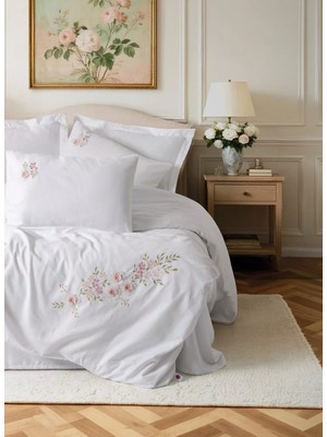 SHC4200 3D Nakışlı Çift Kişilik Saten Nev Takımı Floret Beyaz