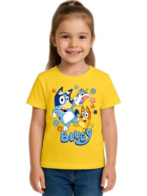 Sedirli Unisex Bluey Baskılı Çocuk Tişört Pamuklu Penye Kumaş