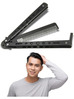 Alfa Life Marketing Siyah Katlanabilir Paslanmaz Çelik Kelebek Bıçak Tasarımlı Tarak