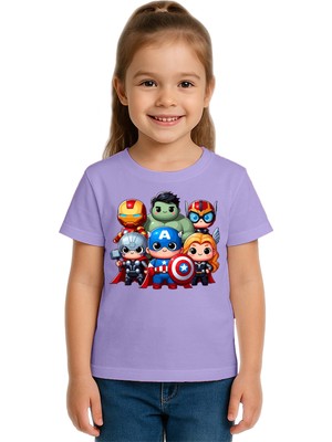 Sedirli Unisex Hulk Kaptan Amerika Demir Adam Baskılı Çocuk Tişört Pamuklu Penye Kumaş