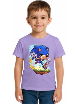 Sedirli Unisex Sonic Baskılı Çocuk Tişört Pamuklu Penye Kumaş