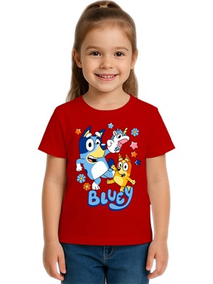 Sedirli Unisex Bluey Baskılı Çocuk Tişört Pamuklu Penye Kumaş