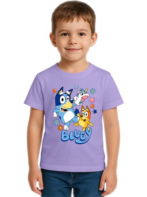 Sedirli Unisex Bluey Baskılı Çocuk Tişört Pamuklu Penye Kumaş