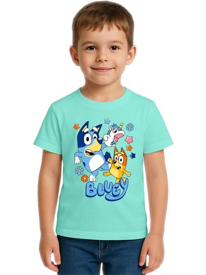 Sedirli Unisex Bluey Baskılı Çocuk Tişört Pamuklu Penye Kumaş