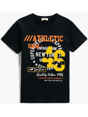 Koton Baskılı Kısa Kollu Tişört Pamuklu Bisiklet Yaka