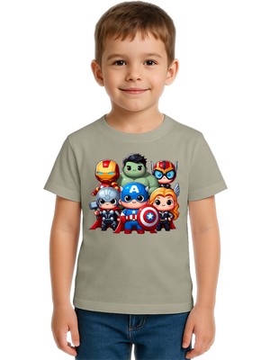 Sedirli Unisex Hulk Kaptan Amerika Demir Adam Baskılı Çocuk Tişört Pamuklu Penye Kumaş
