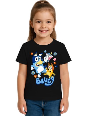 Sedirli Unisex Bluey Baskılı Çocuk Tişört Pamuklu Penye Kumaş