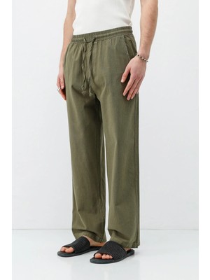 Vamos Bel Lastikli Baggy Fit Keten Pantolon Haki