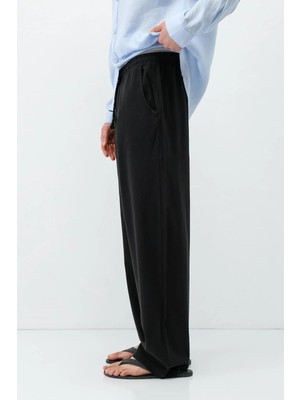 Bel Lastikli Baggy Fit Keten Pantolon Siyah