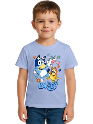 Sedirli Unisex Bluey Baskılı Çocuk Tişört Pamuklu Penye Kumaş