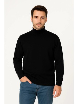 Erkek Yarım Boğaz Triko Kazak Yumuşak Dokulu Pamuklu Ince Dokuma Uzun Kollu - Siyah