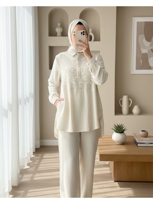 Modamorfo Dantel Işlemeli Eteği Düğme Detaylı Gömlek  -Taş
