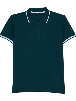 Tudors Erkek Slim Fit Dar Kesim %100 Pamuk Jakarlı Düz Yaka ve Kol Detaylı Yeşil Polo Yaka Tişört