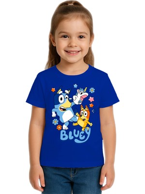 Sedirli Unisex Bluey Baskılı Çocuk Tişört Pamuklu Penye Kumaş