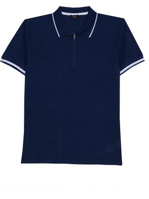 Tudors Erkek Slim Fit Dar Kesim %100 Pamuk Jakarlı Düz Yaka ve Kol Detaylı Lacivert Polo Yaka Tişört
