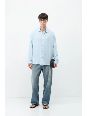 Vamos Hafif Dokulu Oversize Gömlek Bebe Mavi