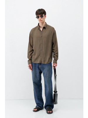 Vamos Hafif Dokulu Oversize Gömlek Açık Kahve