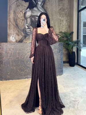 Daliya Dantelli Balon Uzun Kol Korseli Önü Yırtmaçlı Abiye Kahve