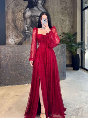 Daliya Dantelli Balon Uzun Kol Korseli Önü Yırtmaçlı Abiye Bordo