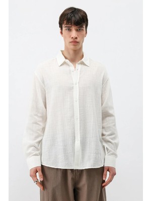 Vamos Dokulu Keten Görünümlü Oversize Gömlek Ekru