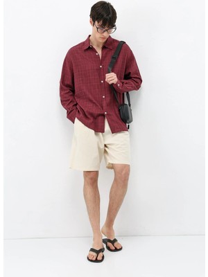 Vamos Dokulu Keten Görünümlü Oversize Gömlek Bordo
