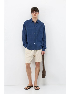 Vamos Dokulu Keten Görünümlü Oversize Gömlek Lacivert