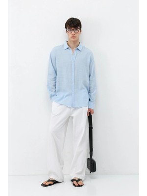 Vamos Dokulu Keten Görünümlü Oversize Gömlek Mavi