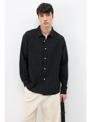 Vamos Dokulu Keten Görünümlü Oversize Gömlek Siyah