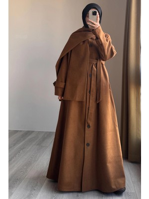 Ande Tesettür Şal Detaylı Kışlık Ferace - Taba