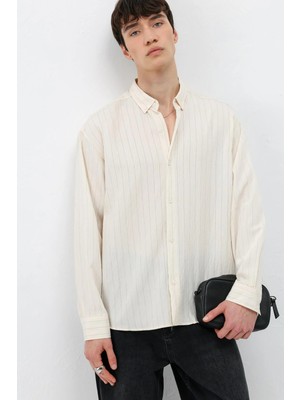 Vamos Çizgili Oversize Gömlek Krem