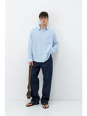 Vamos Modal Kumaş Çizgili Oversize Gömlek Bebe Mavi