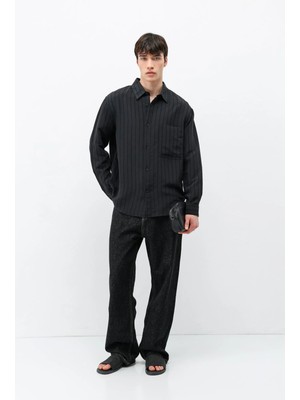 Vamos Modal Kumaş Çizgili Oversize Gömlek Siyah