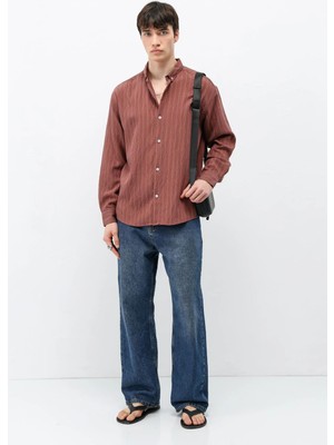 Vamos Çizgili Oversize Gömlek Bordo