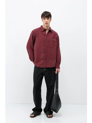 Vamos Modal Kumaş Çizgili Oversize Gömlek Bordo