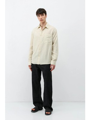 Vamos Modal Kumaş Çizgili Oversize Gömlek Bej