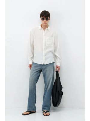 Vamos Modal Kumaş Cepli Oversize Gömlek Ekru