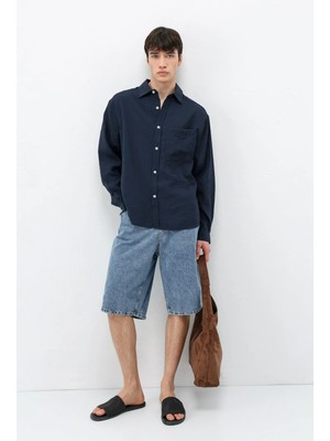 Vamos Modal Kumaş Cepli Oversize Gömlek Lacivert