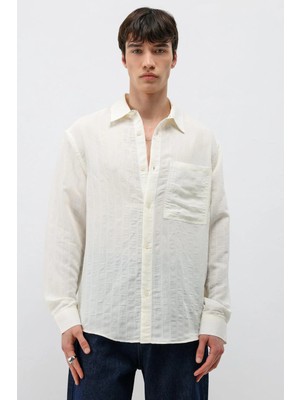 Vamos Modal Kumaş Çizgili Oversize Gömlek Beyaz