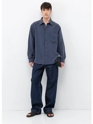 Vamos Modal Kumaş Çizgili Oversize Gömlek Lacivert