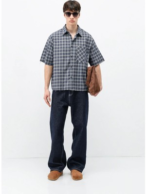 Vamos Kareli Kısa Kollu Oversize Gömlek Lacivert